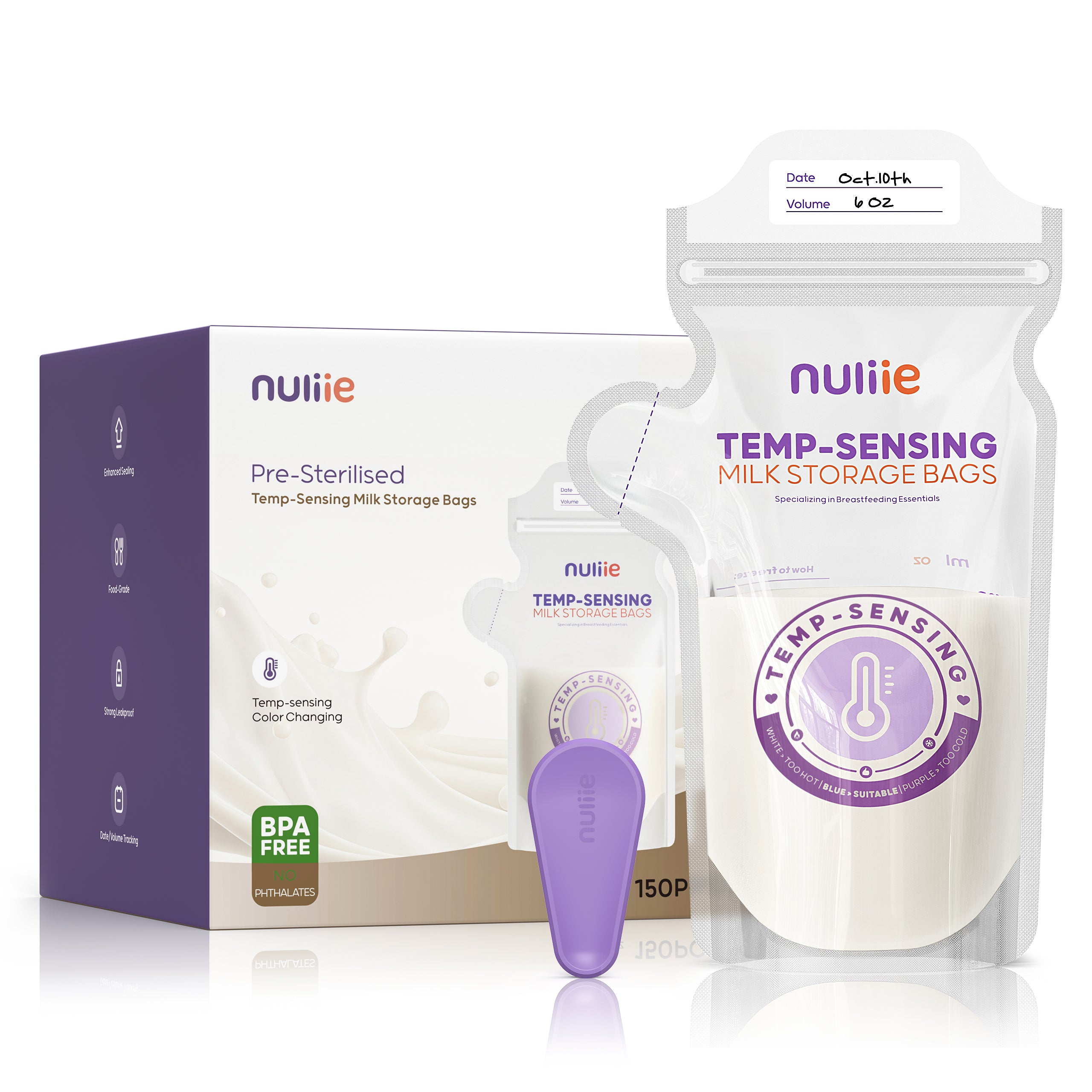 Nuliie 150pcs Temp-Sensing Breastmilk Storage Bag with Locking Clamp