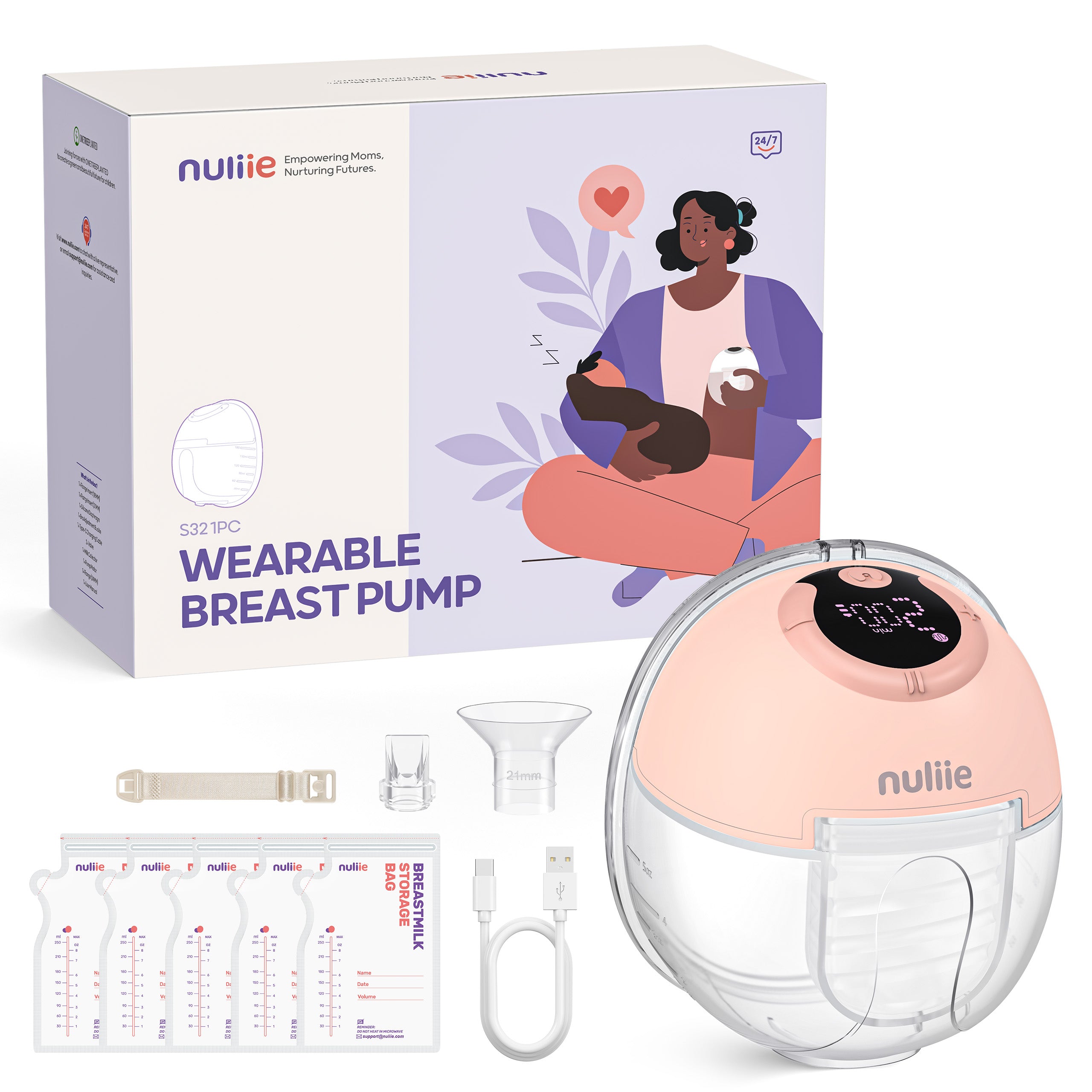 Nuliie S32 Hands Free Breast Pump, Wearable Lightweight Silicon, Pink