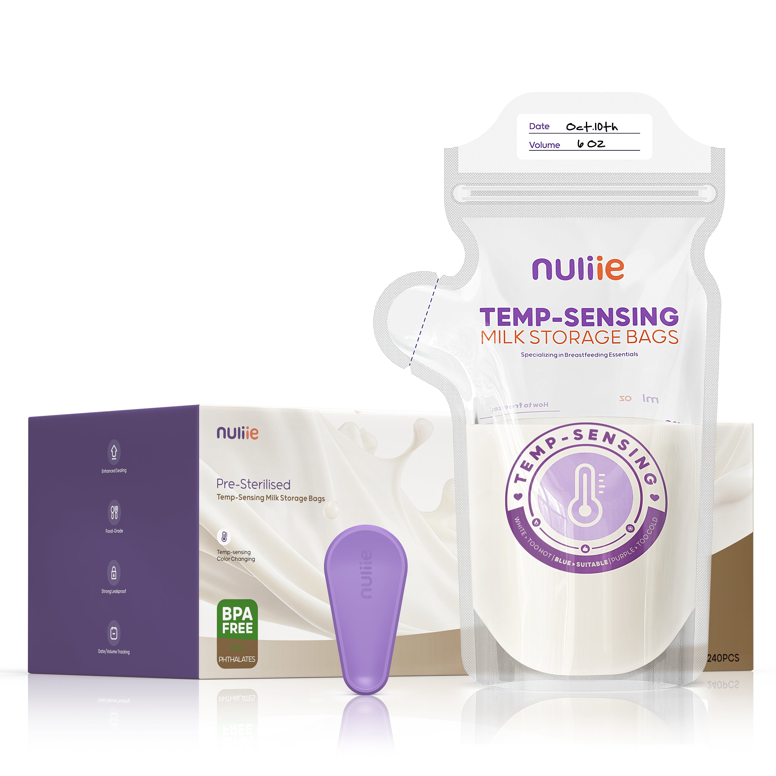 Nuliie 150pcs Temp-Sensing Breastmilk Storage Bag with Locking Clamp