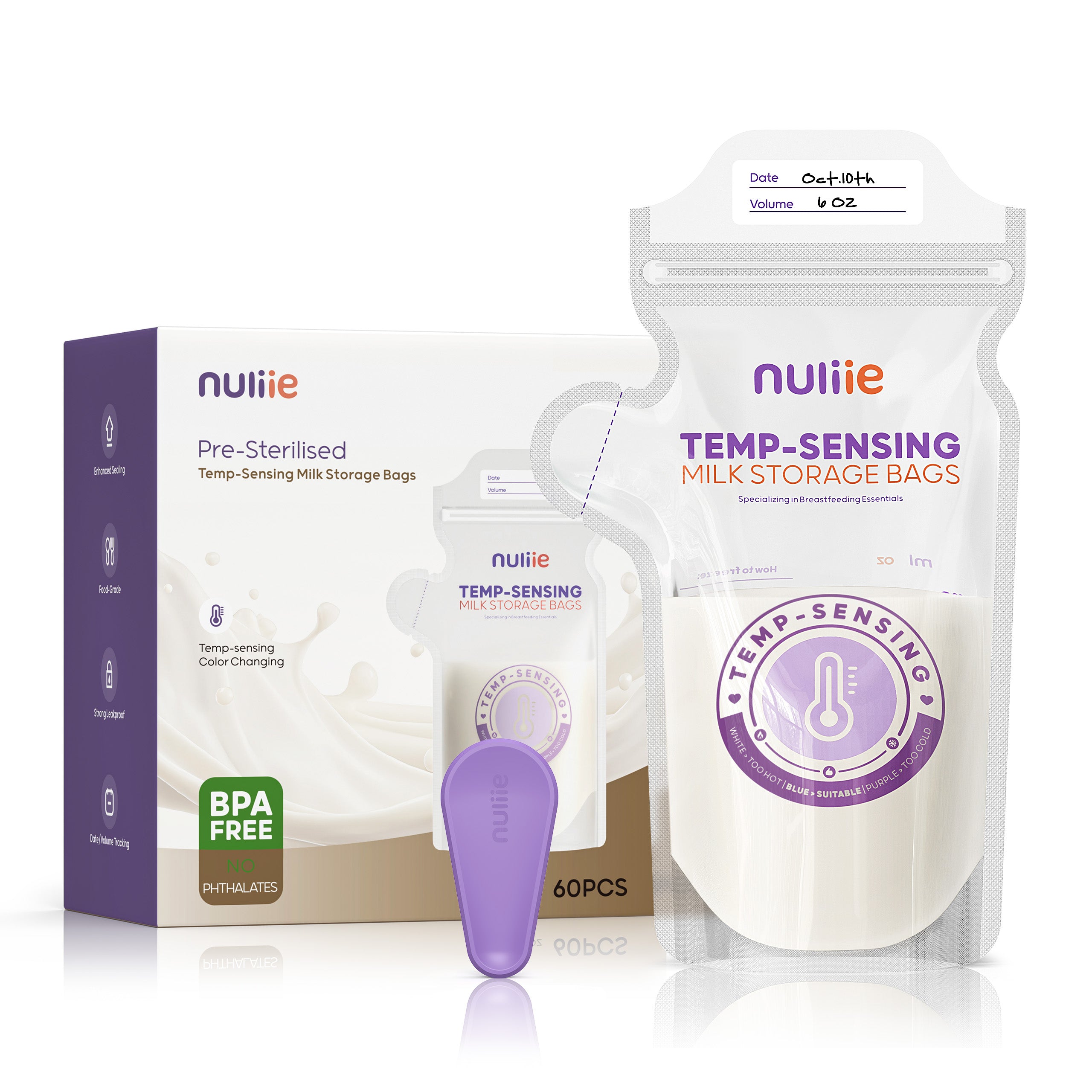 Nuliie 150pcs Temp-Sensing Breastmilk Storage Bag with Locking Clamp