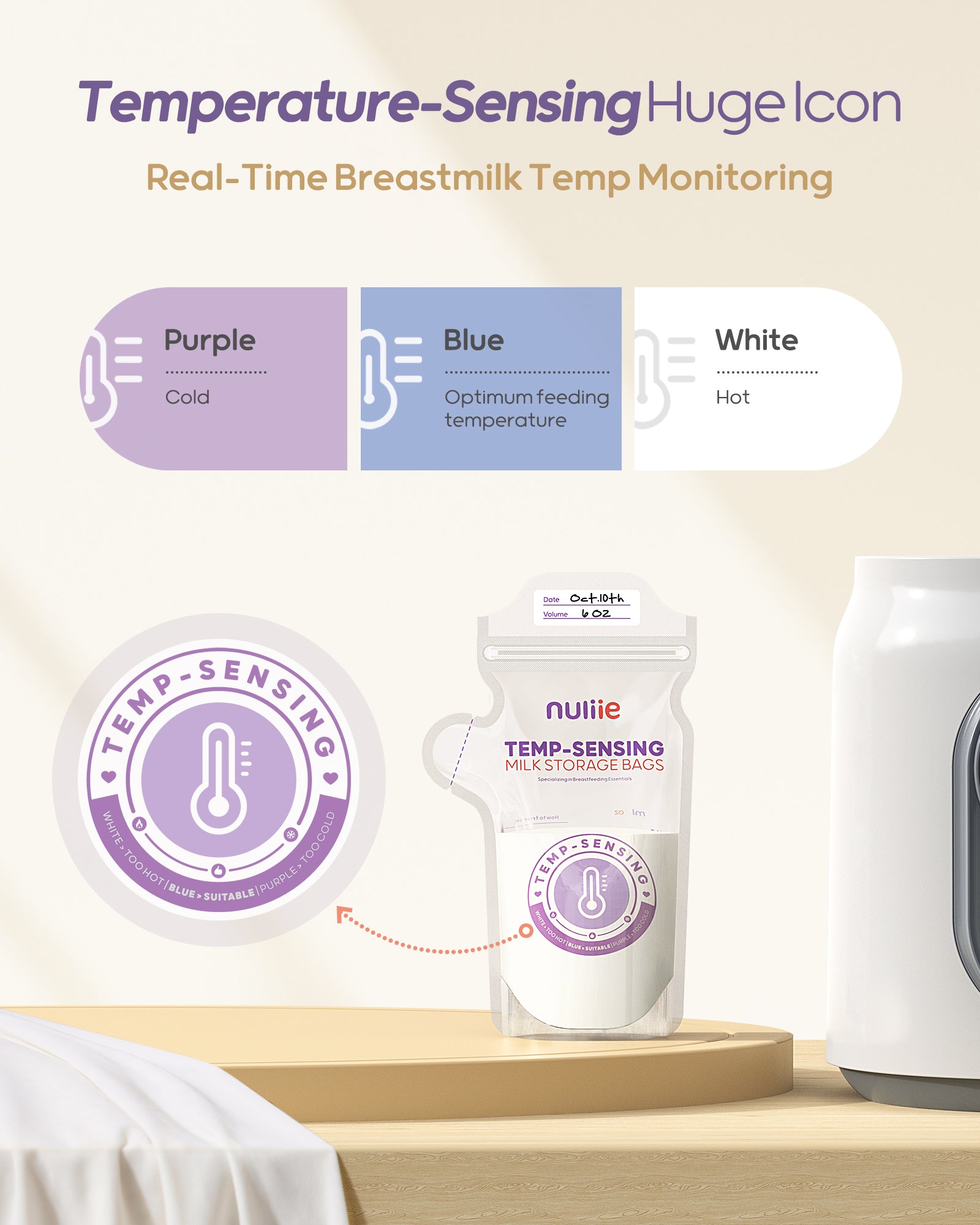 Nuliie 150pcs Temp-Sensing Breastmilk Storage Bag with Locking Clamp
