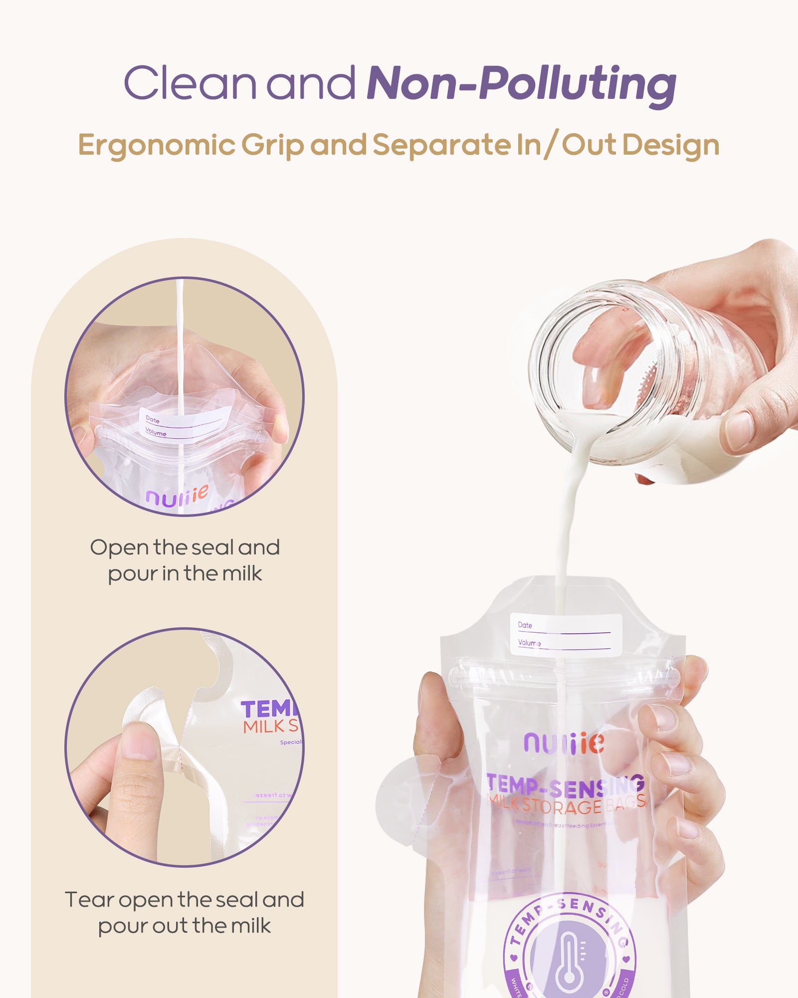 Nuliie 150pcs Temp-Sensing Breastmilk Storage Bag with Locking Clamp
