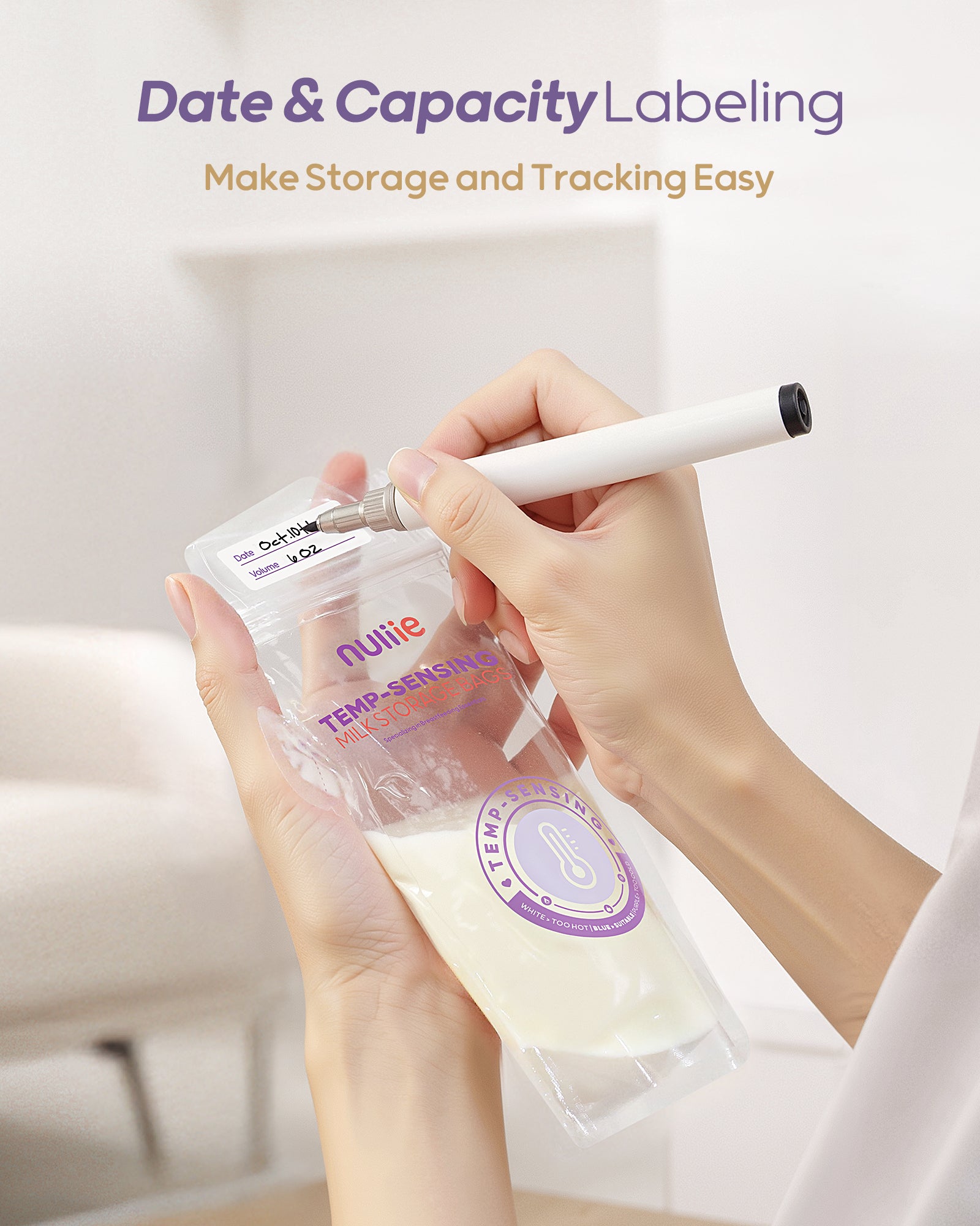 Nuliie 150pcs Temp-Sensing Breastmilk Storage Bag with Locking Clamp