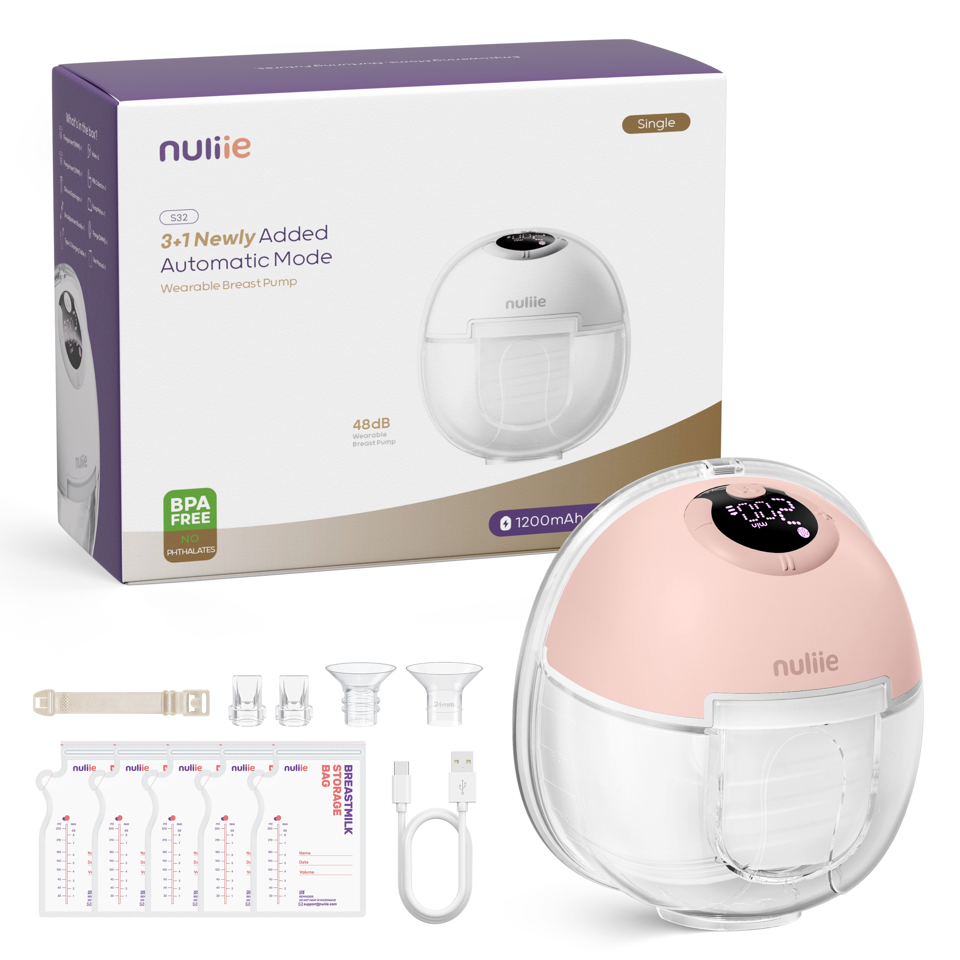 Nuliie S32 Hands Free Breast Pump, Wearable Lightweight Silicon, Pink