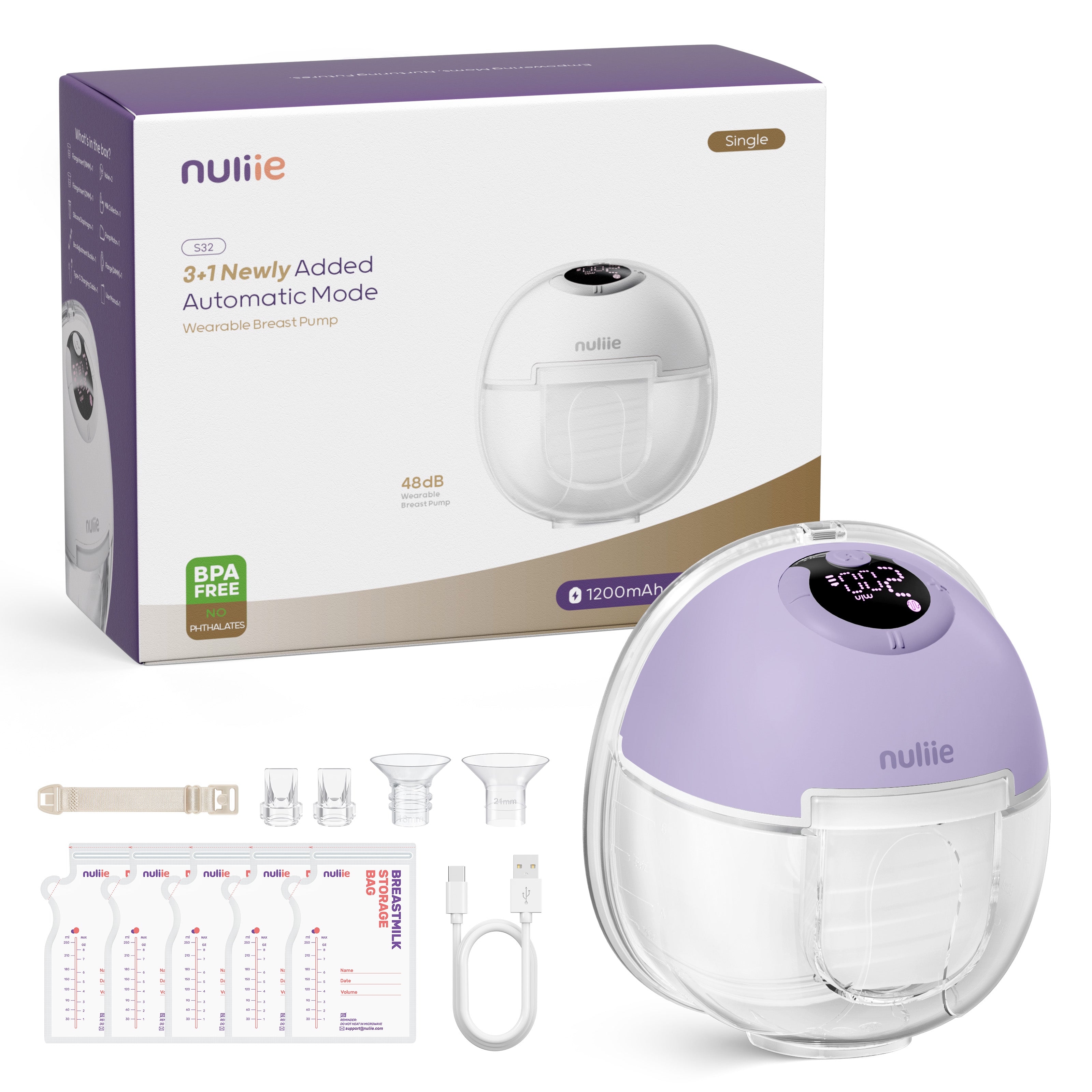 Nuliie S32 Hands Free Breast Pump, Wearable Lightweight Silicon, Purple