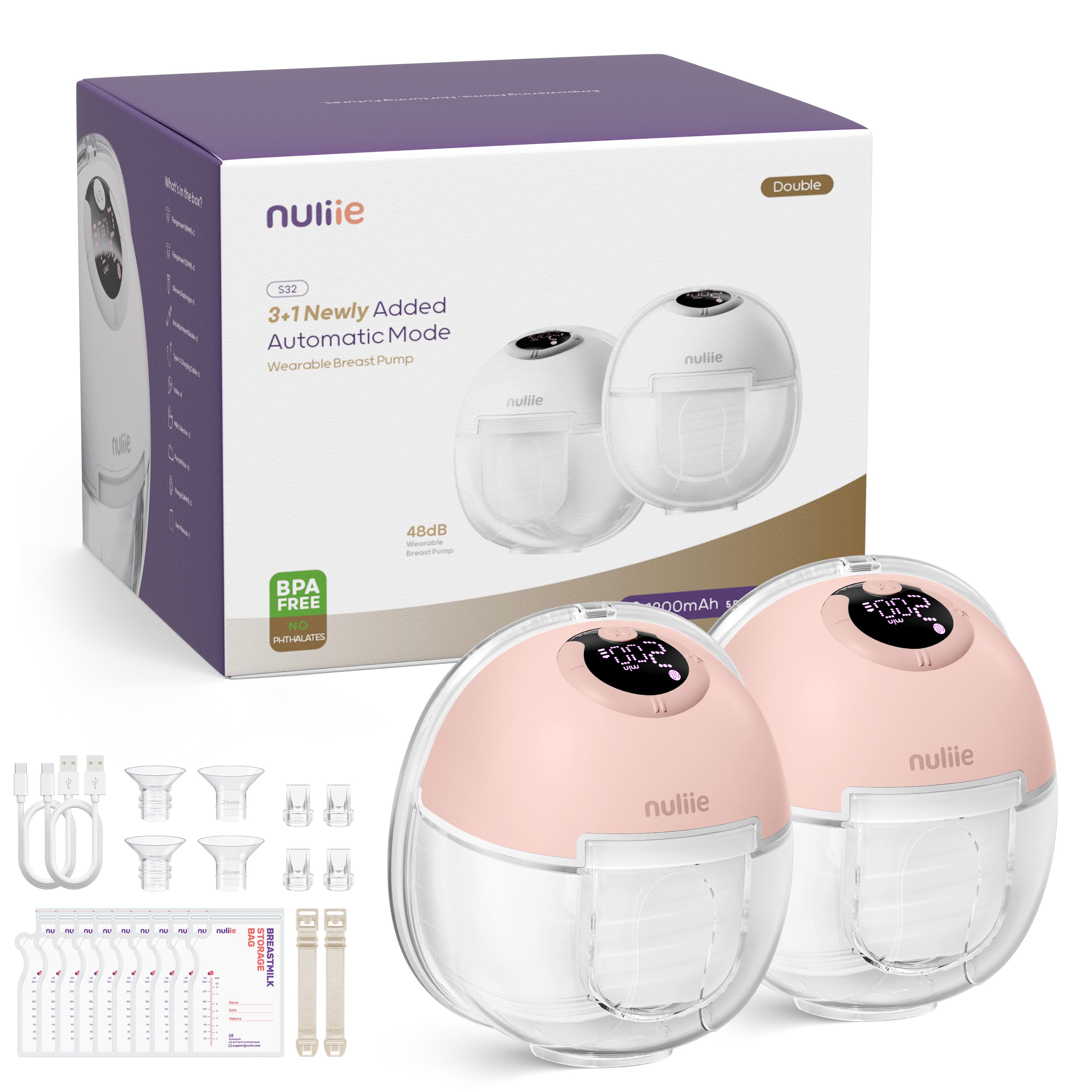 Nuliie S32 Hands Free Breast Pump, Wearable Lightweight Silicon, Pink