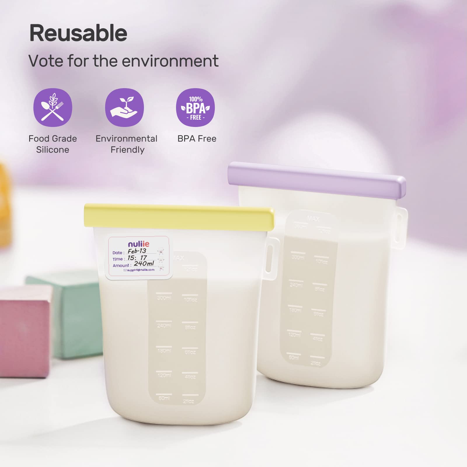 Nuliie 7 Pcs Silicone Breastmilk Storage Bags Reusable, 12oz/360ml