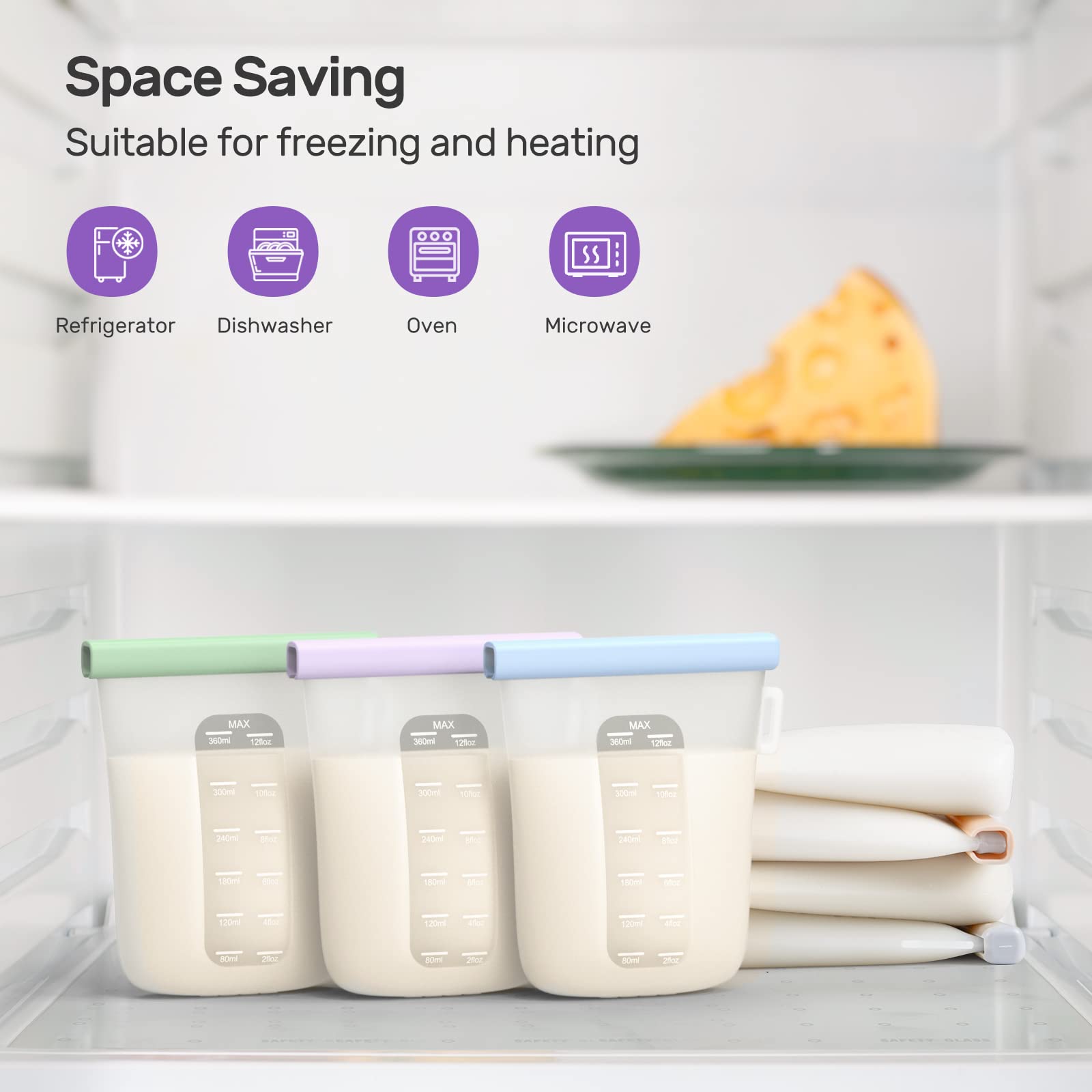 Nuliie 7 Pcs Silicone Breastmilk Storage Bags Reusable, 12oz/360ml