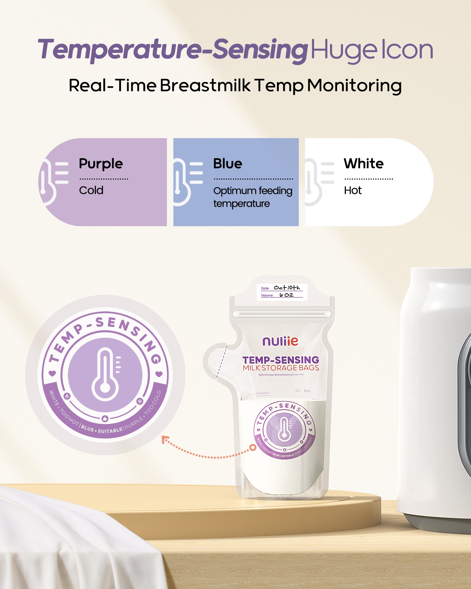 Nuliie Temp-Sensing Breastmilk Storage Bag with Locking Clamp