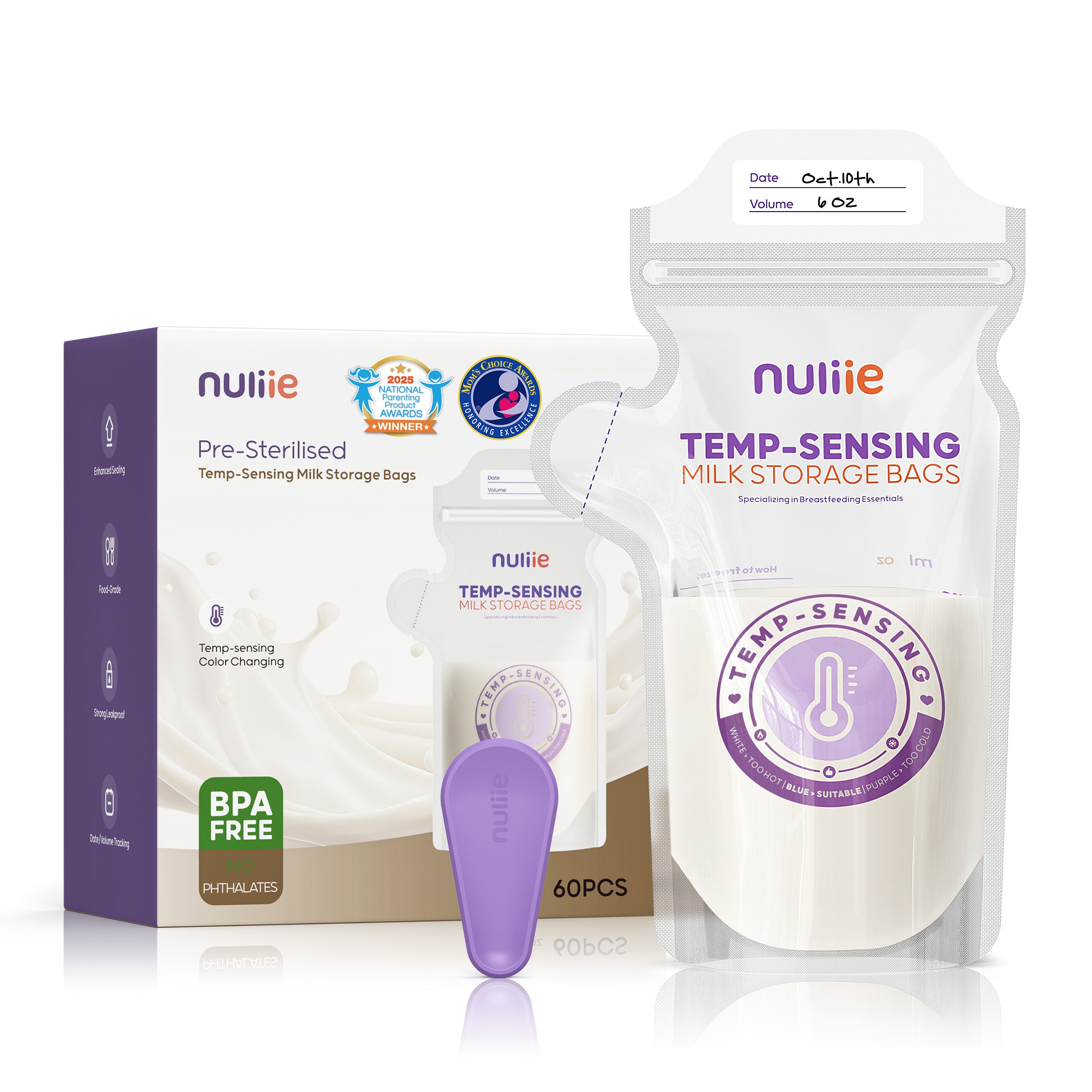 Nuliie Temp-Sensing Breastmilk Storage Bag with Locking Clamp