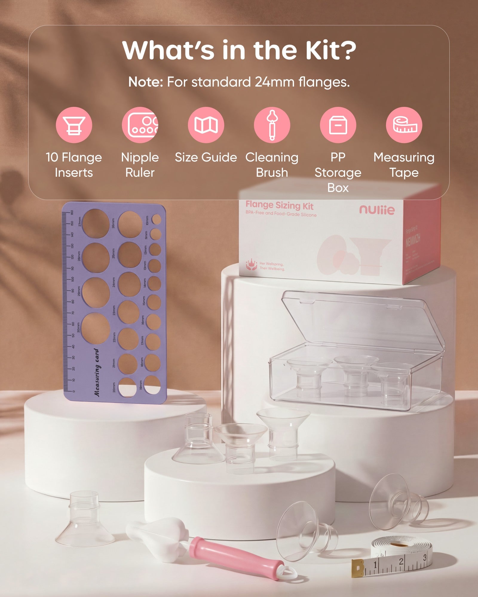 Nuliie Flange Inserts for Most Breast Pump, With Measuring Ruler, Measuring Tape and PP Storage box