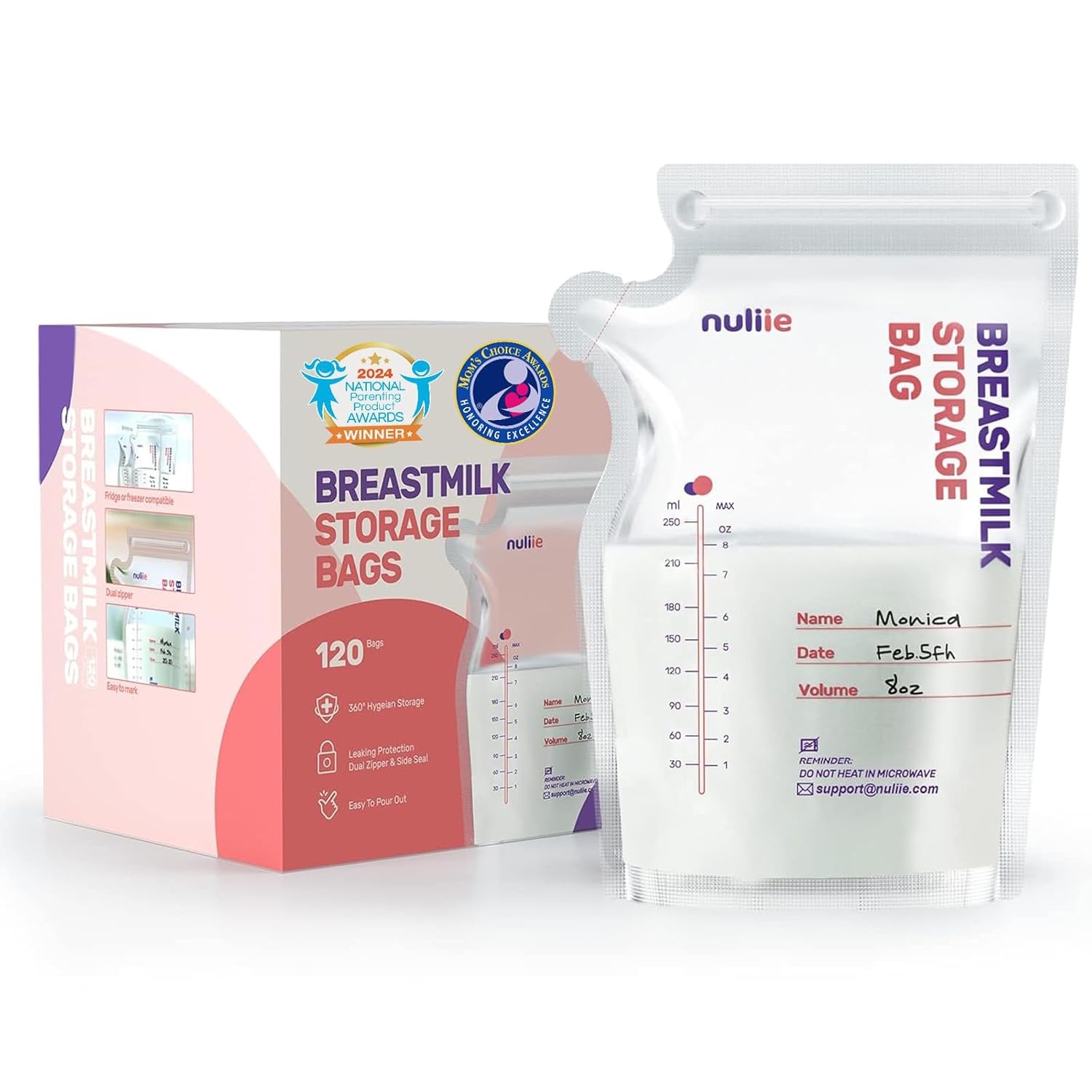 Nuliie 120 Pcs Breastmilk Storage Bags BPA-Free, 8oz/240ml