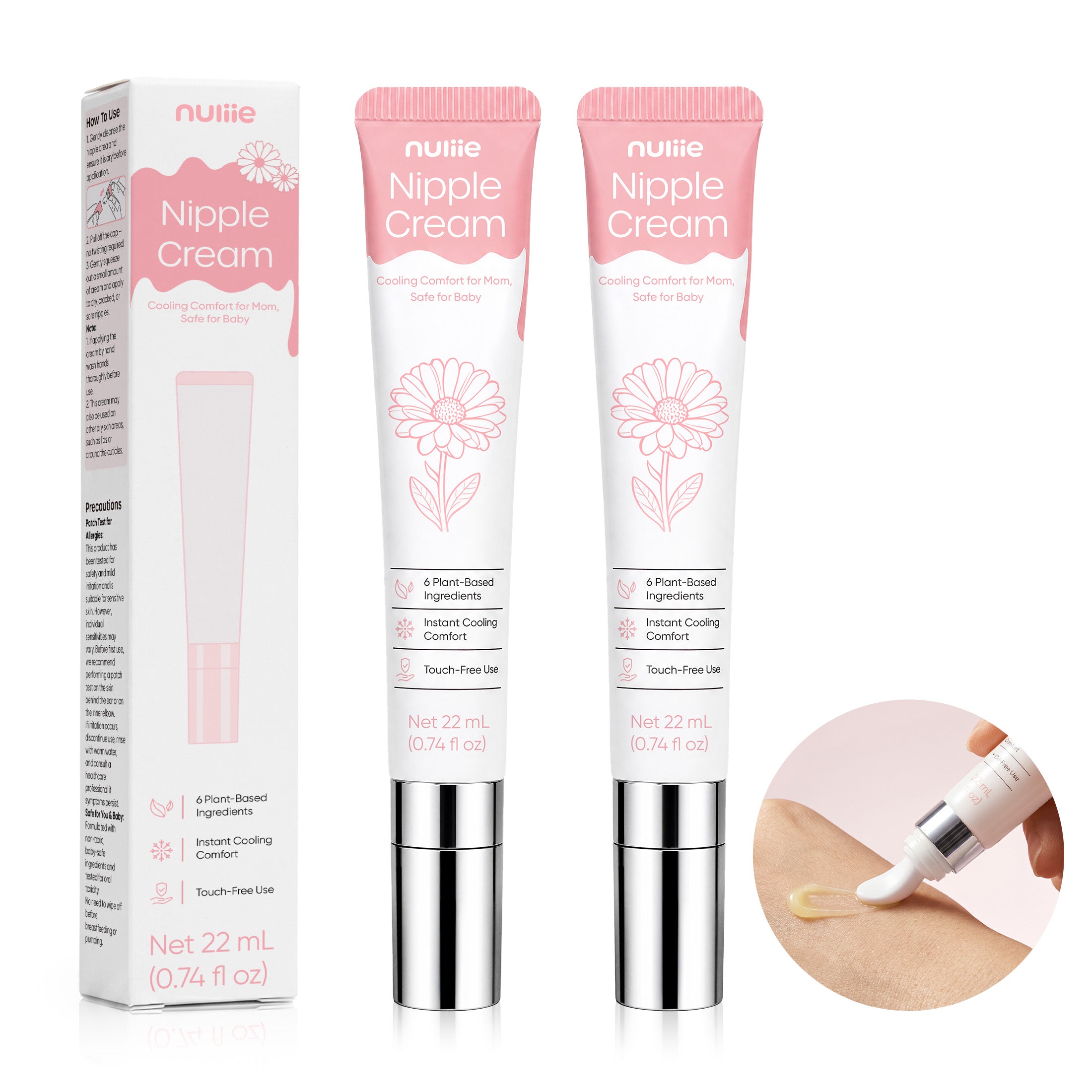 Nuliie Lanolin-Free Nipple Cream for Breastfeeding 2 Pack, Botanical Moisturizing Formula, 0.74 fl oz / 22ml Each