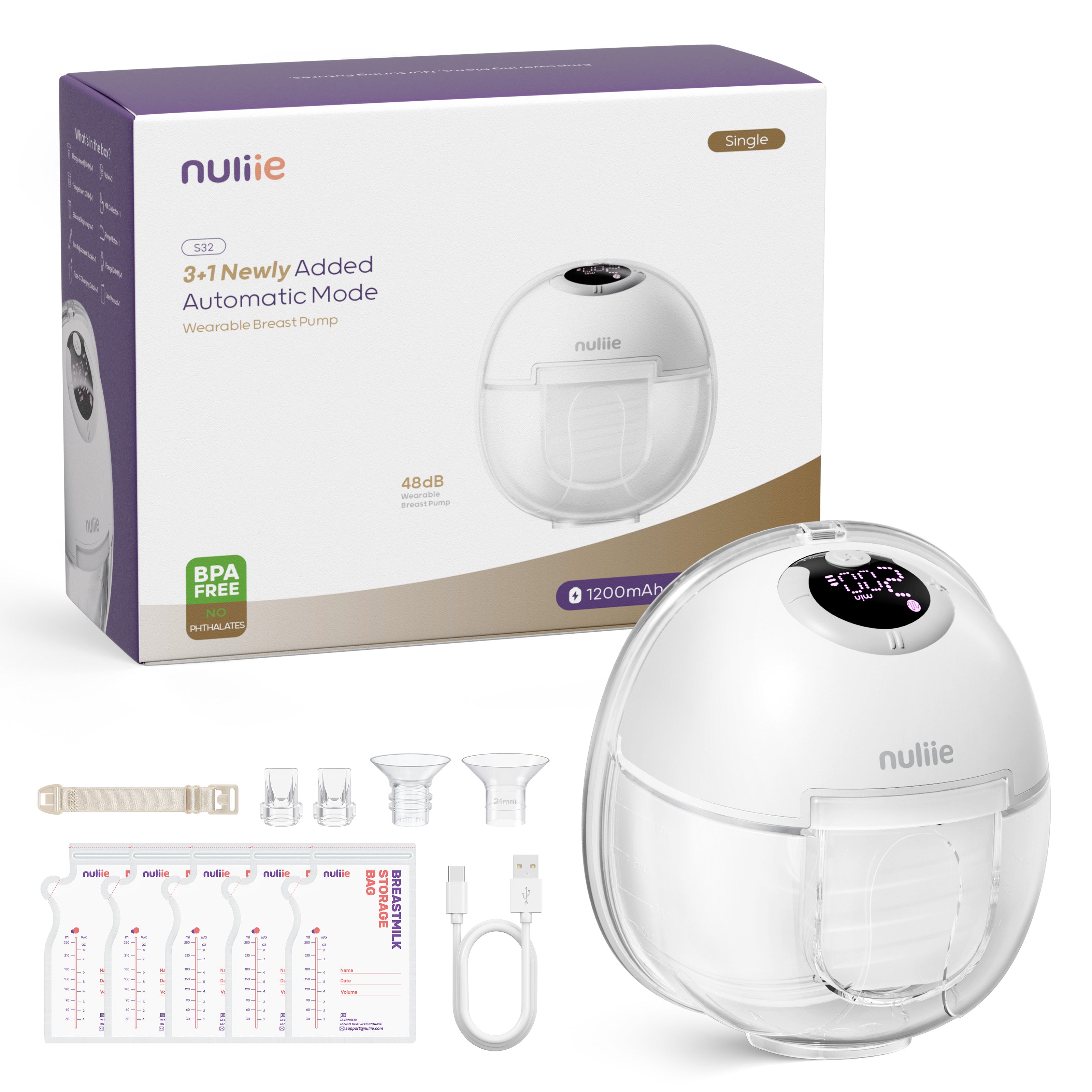 Nuliie S32 Hands Free Breast Pump, Wearable Lightweight Silicon, White