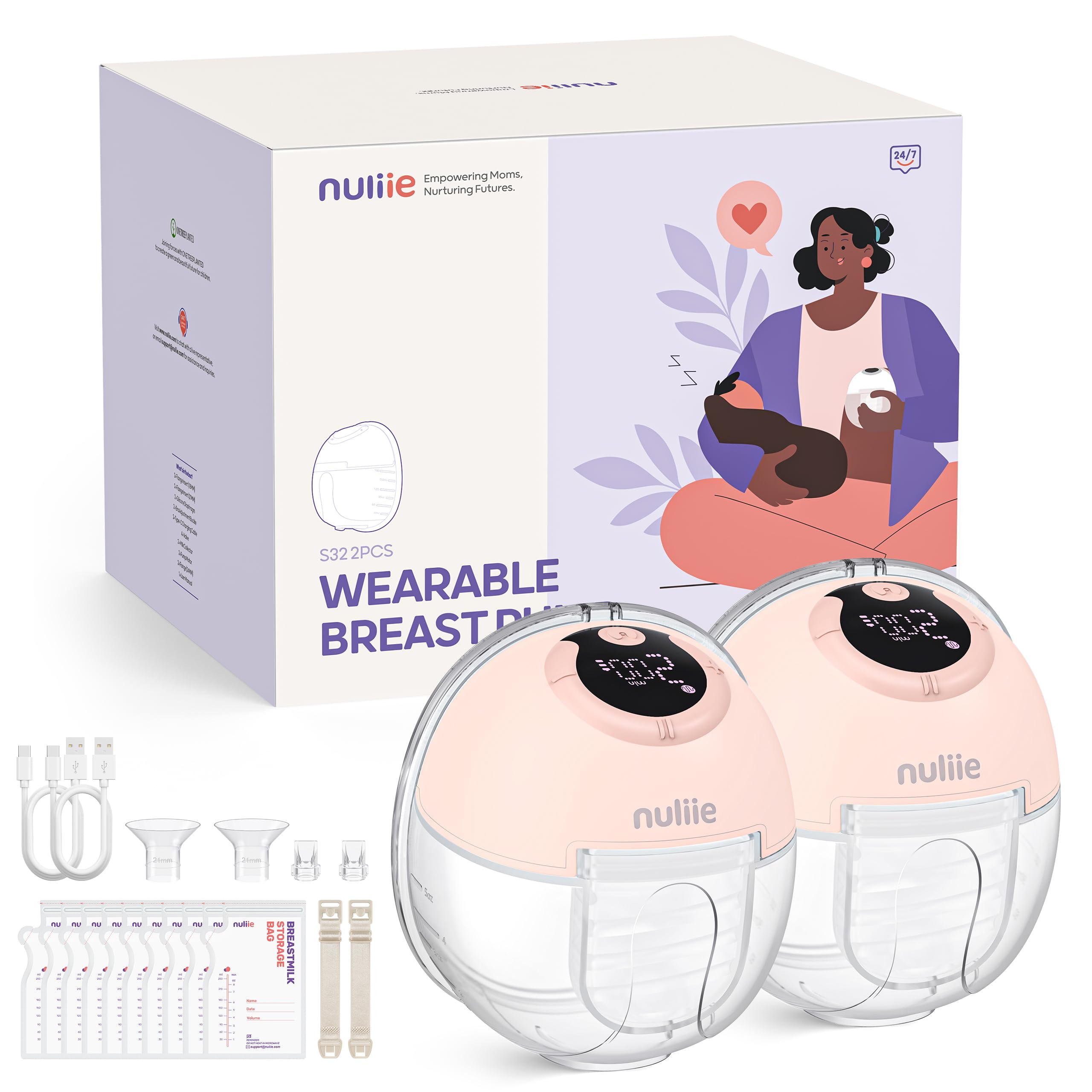 Nuliie Hands-Free Breast Pump S32, Pink